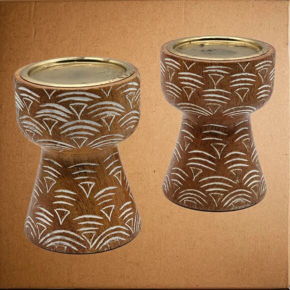 Vintage Opalhouse Bohemian Wood Pillar Candle Holders - Boho Home Decor Accents - Picture 6 of 8